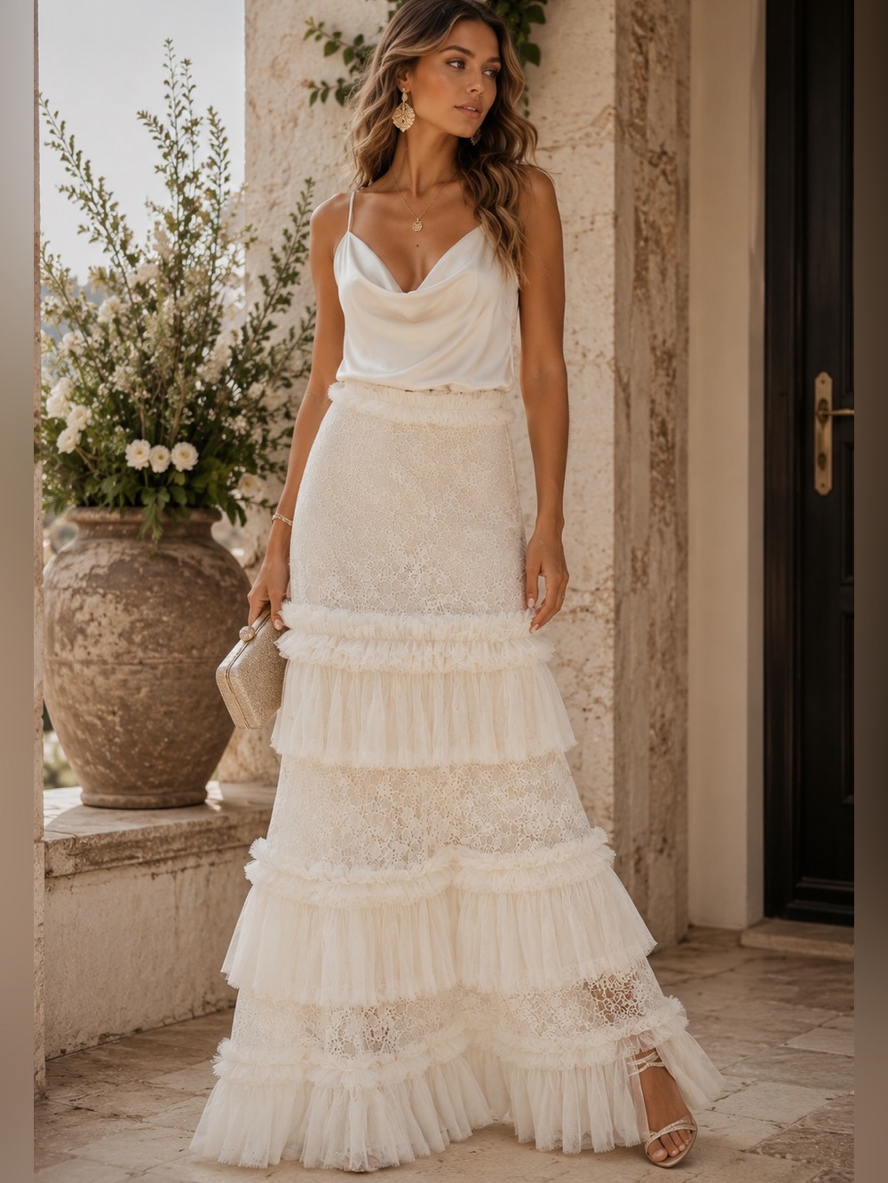ALEXIS Off White Floral Lace Silk Chiffon Tiered Maxi Skirt Boho Bridal Romantic